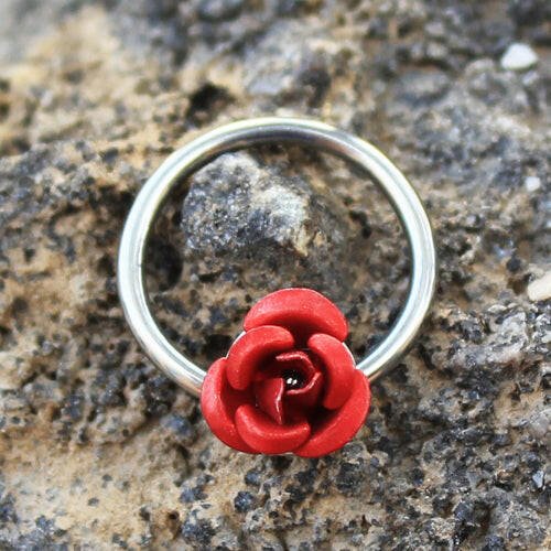 Stainless Steel Red Rose Snap-in Captive Bead Ring / Septum Ring Septum Ring Impulse Piercings