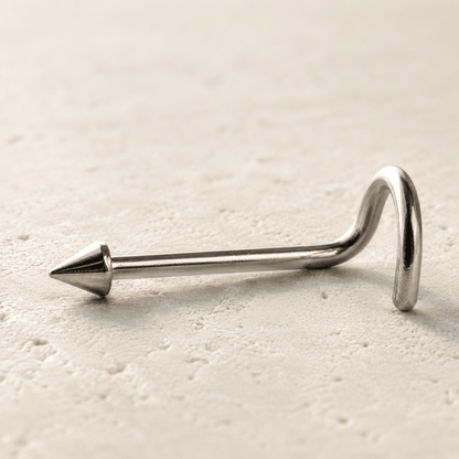 Side view of 316L stainless steel screw nose ring, 18G 20G, ball dome spike top options