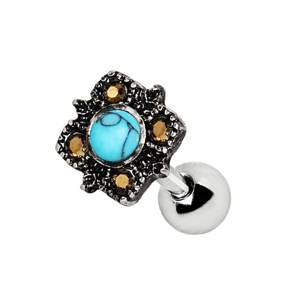 Stainless Steel Square Filigree Cartilage Earring with Turquoise Cartilage Earring Impulse Piercings 16 gaugeLength: 1/4"