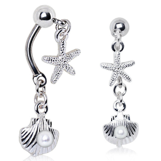 Stainless Steel Starfish and Pearl Seashell Double Dangle Navel Ring Navel Ring Impulse Piercings