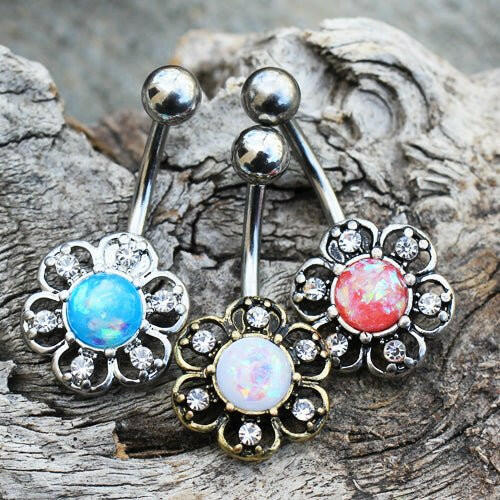 Stainless Steel Synthetic Opal Floral Navel Ring