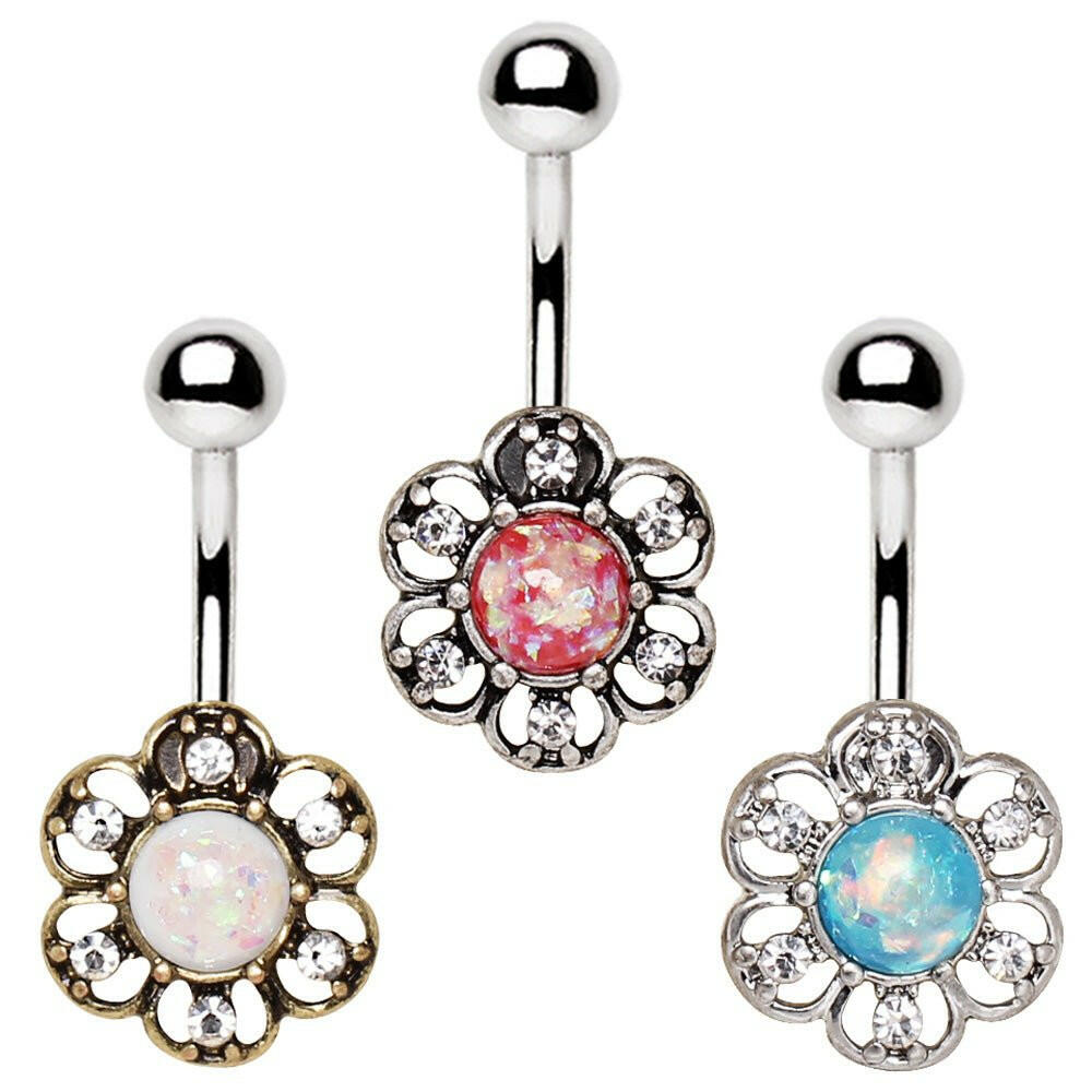 Stainless Steel Synthetic Opal Floral Navel Ring
