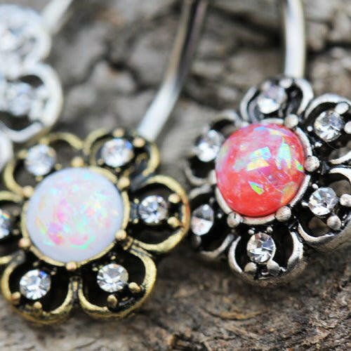 Stainless Steel Synthetic Opal Floral Navel Ring