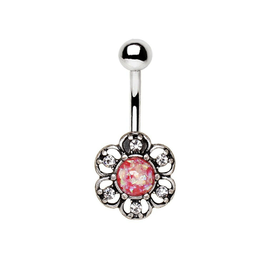 Stainless Steel Synthetic Opal Floral Navel Ring