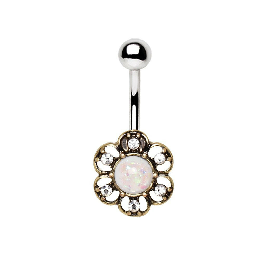 Stainless Steel Synthetic Opal Floral Navel Ring
