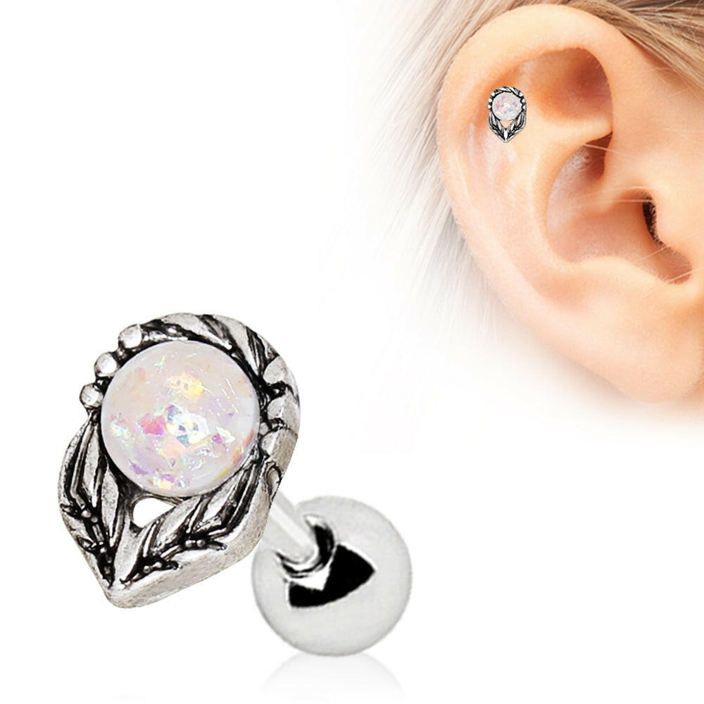 Stainless Steel Synthetic Opal Flower on a Stem Cartilage Earring Cartilage Earring Impulse Piercings