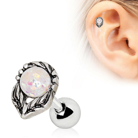 Stainless Steel Synthetic Opal Flower on a Stem Cartilage Earring Cartilage Earring Impulse Piercings