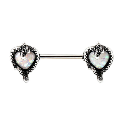Stainless Steel Synthetic Opal Heart with Snake Nipple Bar Nipple Ring Impulse Piercings