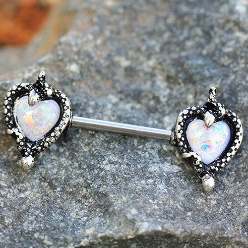 Stainless Steel Synthetic Opal Heart with Snake Nipple Bar Nipple Ring Impulse Piercings