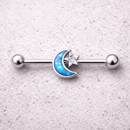 Stainless Steel Synthetic Opal Moon and Star Industrial Barbell - Skin Metals