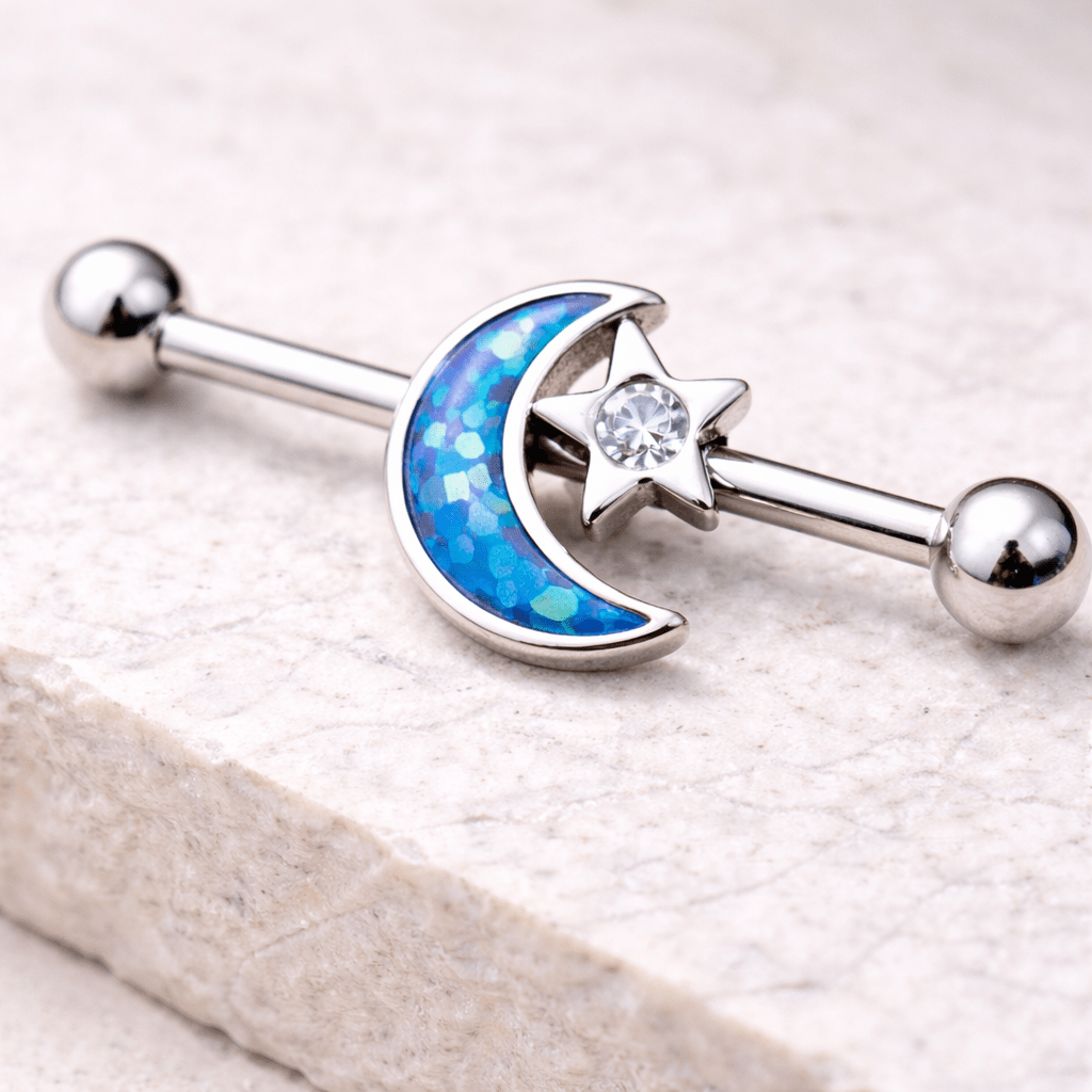 Stainless Steel Synthetic Opal Moon and Star Industrial Barbell - Skin Metals