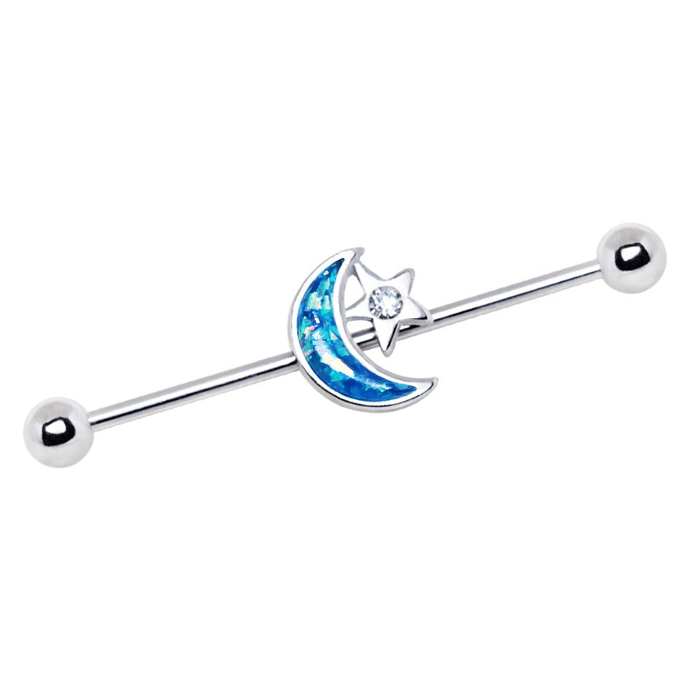 Stainless Steel Synthetic Opal Moon and Star Industrial Barbell - Skin Metals