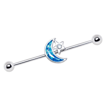 Stainless Steel Synthetic Opal Moon and Star Industrial Barbell - Skin Metals
