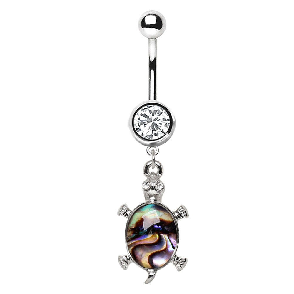 Stainless Steel Teal Abalone Inlay Turtle Dangle Navel Ring