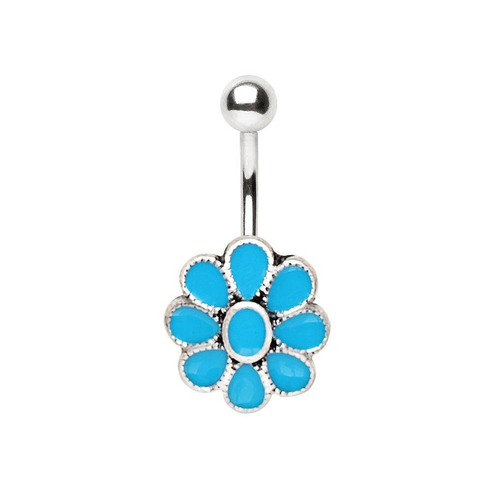 Stainless Steel Teal Blue Flower Navel Ring Navel Ring Impulse Piercings