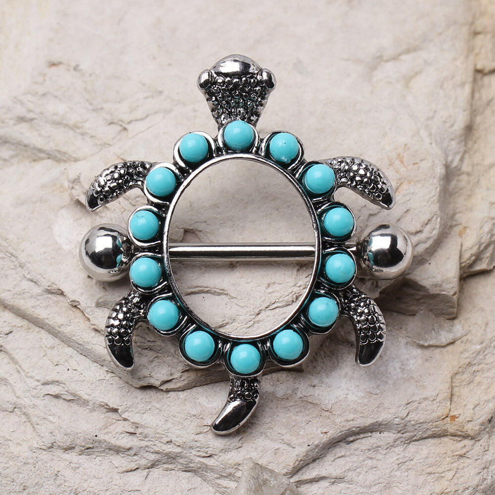 Stainless Steel Teal Blue Turtle Nipple Shield Nipple Ring Impulse Piercings