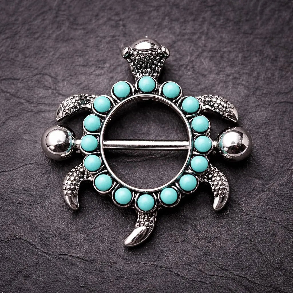 Stainless Steel Teal Blue Turtle Nipple Shield - Skin Metals