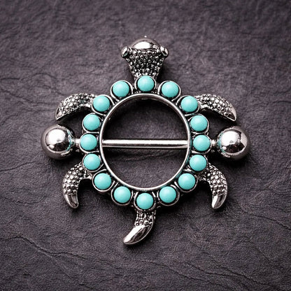 Stainless Steel Teal Blue Turtle Nipple Shield - Skin Metals