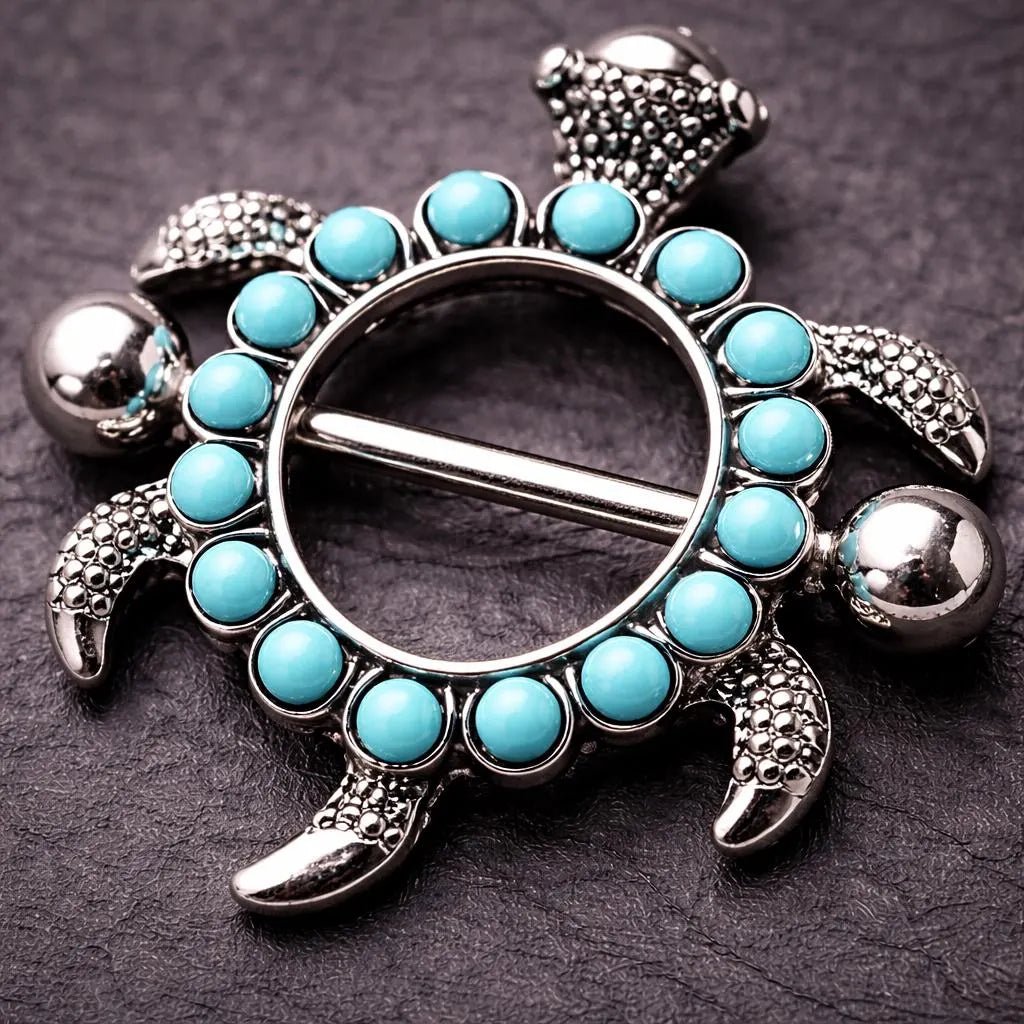 Stainless Steel Teal Blue Turtle Nipple Shield - Skin Metals