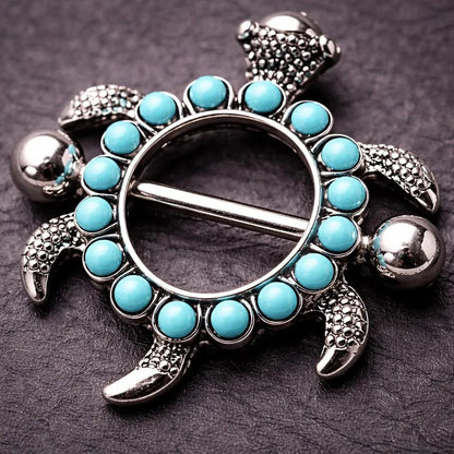 Stainless Steel Teal Blue Turtle Nipple Shield - Skin Metals