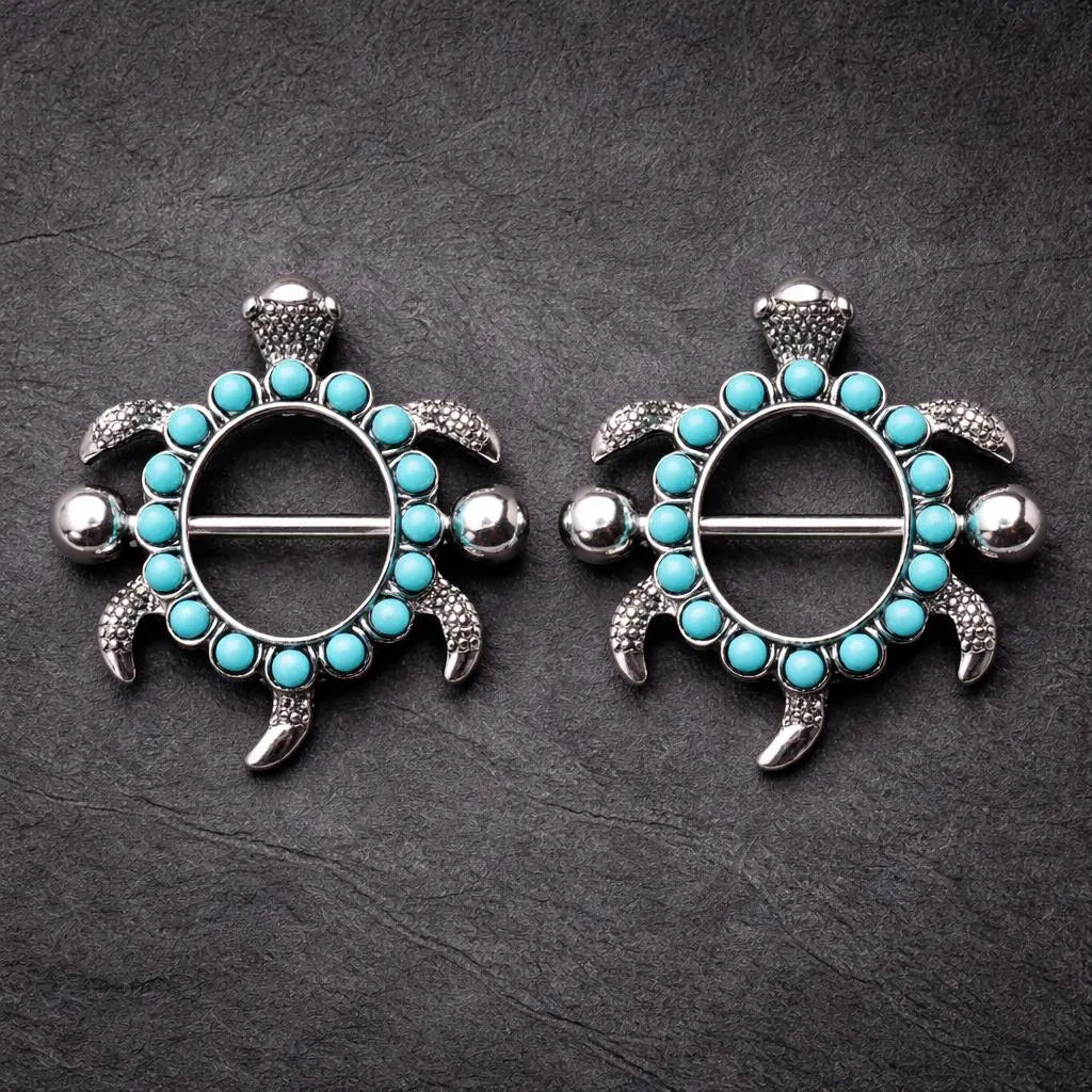 Stainless Steel Teal Blue Turtle Nipple Shield - Skin Metals