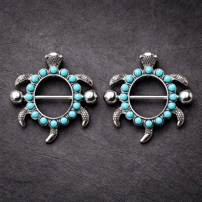 Stainless Steel Teal Blue Turtle Nipple Shield - Skin Metals