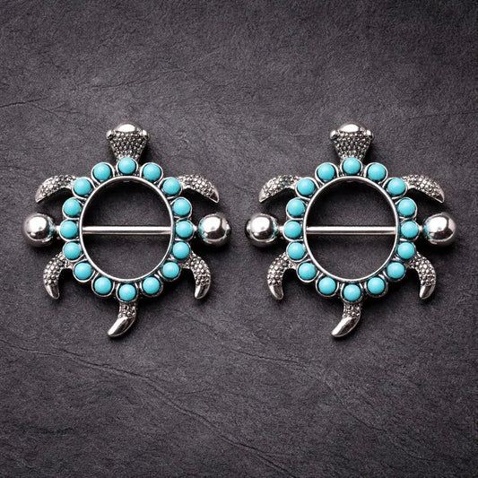 Stainless Steel Teal Blue Turtle Nipple Shield - Skin Metals