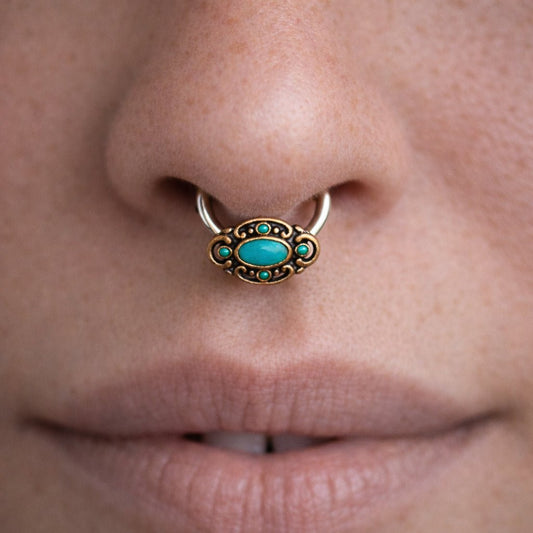 Stainless Steel Teal Ornate Bead Snap-in Captive Bead Ring / Septum Ring Septum Ring Impulse Piercings