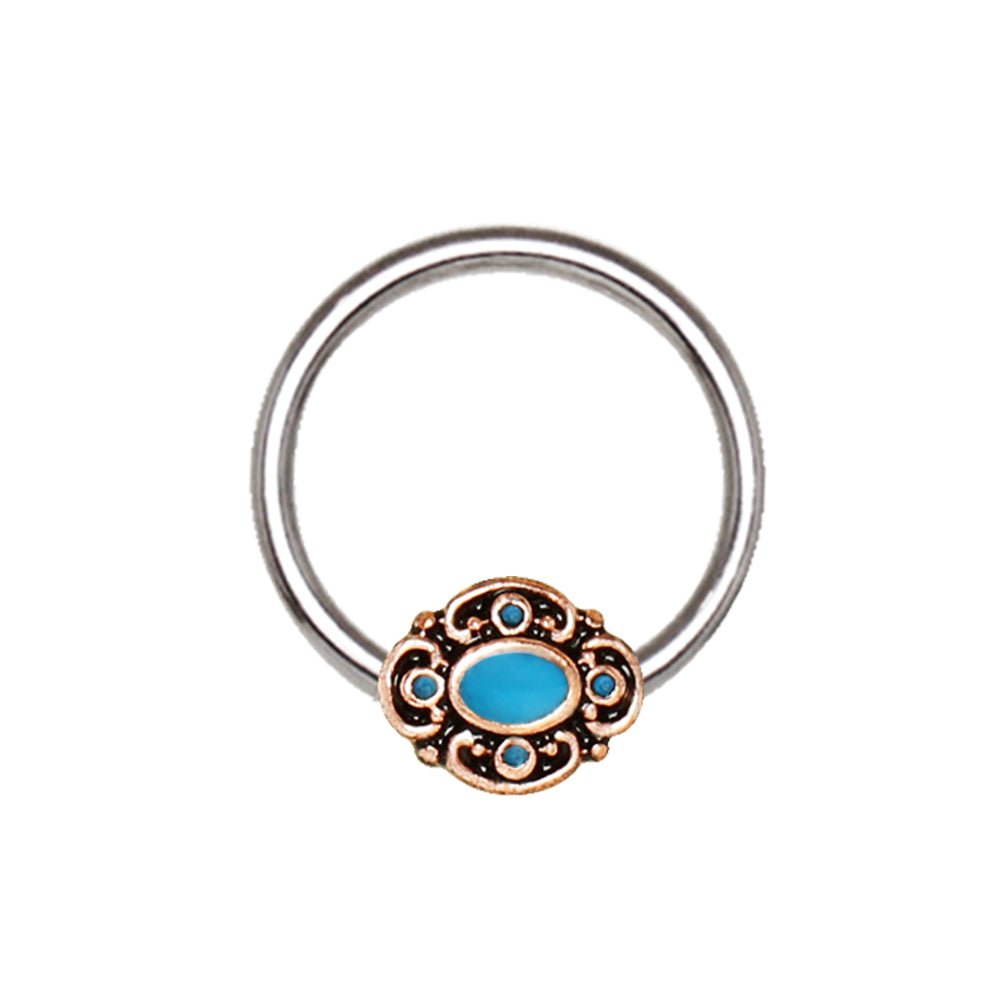 Stainless Steel Teal Ornate Bead Snap-in Captive Bead Ring / Septum Ring - Skin Metals