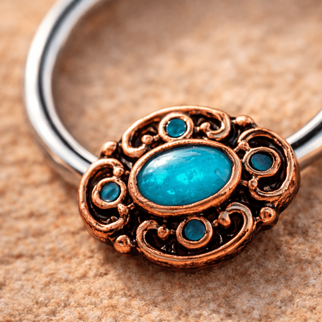 Stainless Steel Teal Ornate Bead Snap-in Captive Bead Ring / Septum Ring Septum Ring Impulse Piercings