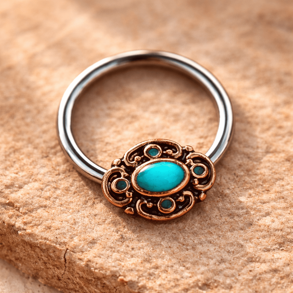 Stainless Steel Teal Ornate Bead Snap-in Captive Bead Ring / Septum Ring Septum Ring Impulse Piercings