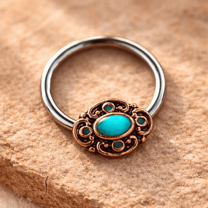 Stainless Steel Teal Ornate Bead Snap-in Captive Bead Ring / Septum Ring Septum Ring Impulse Piercings