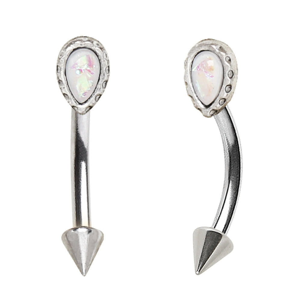 Stainless Steel Teardrop White Synthetic Opal & Spike Eyebrow Ring Eyebrow Ring Impulse Piercings