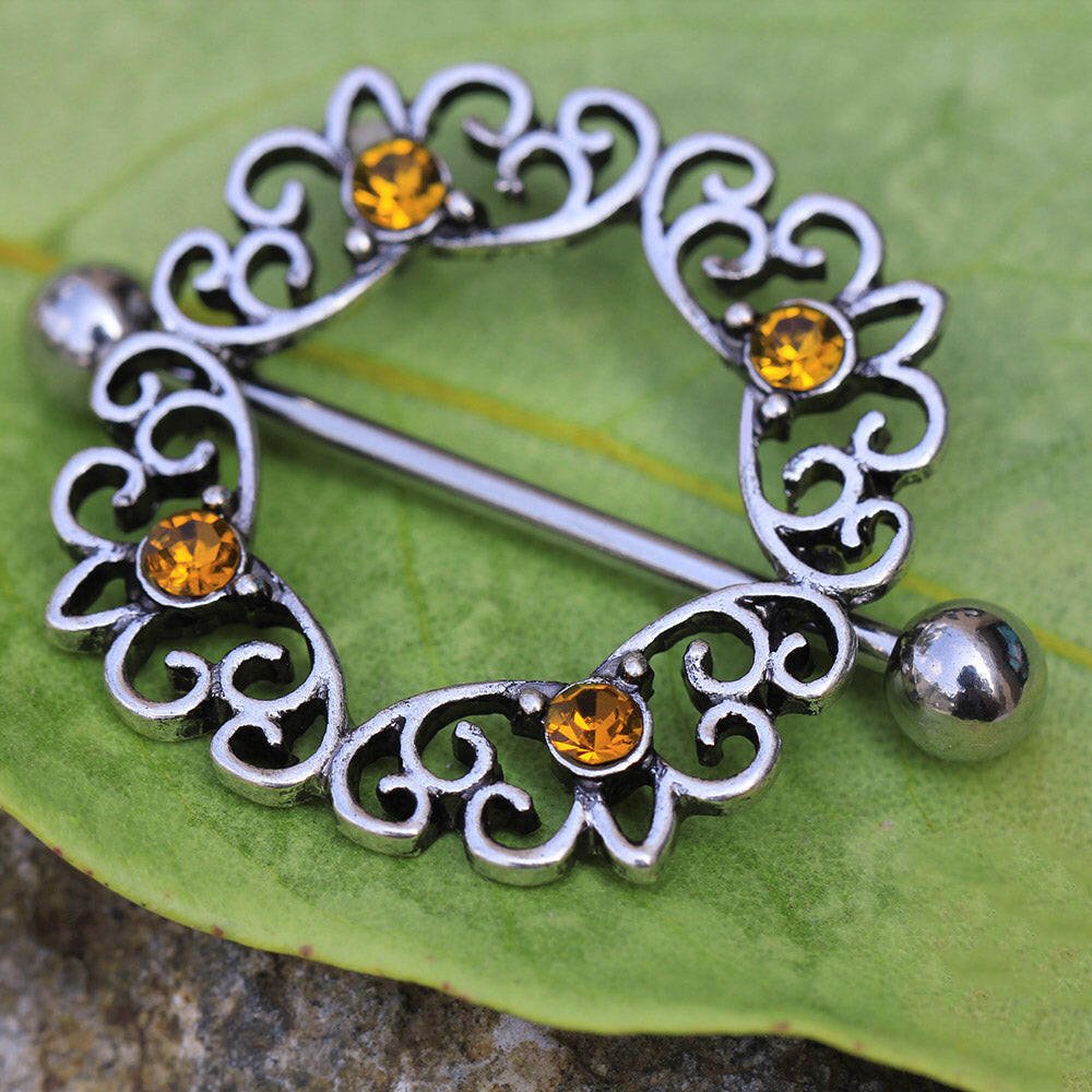 Stainless Steel Topaz Ornate Nipple Shield Nipple Ring Impulse Piercings