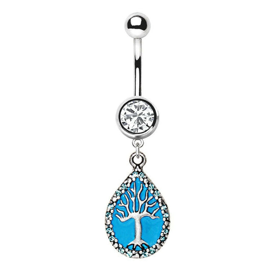 Stainless Steel Tree of Life in Rain Drop Dangle Navel Ring