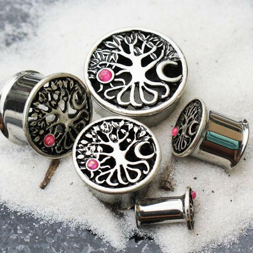 Stainless Steel Tree of Life Tunnel Plug with Sun & Moon Plugs Impulse Piercings