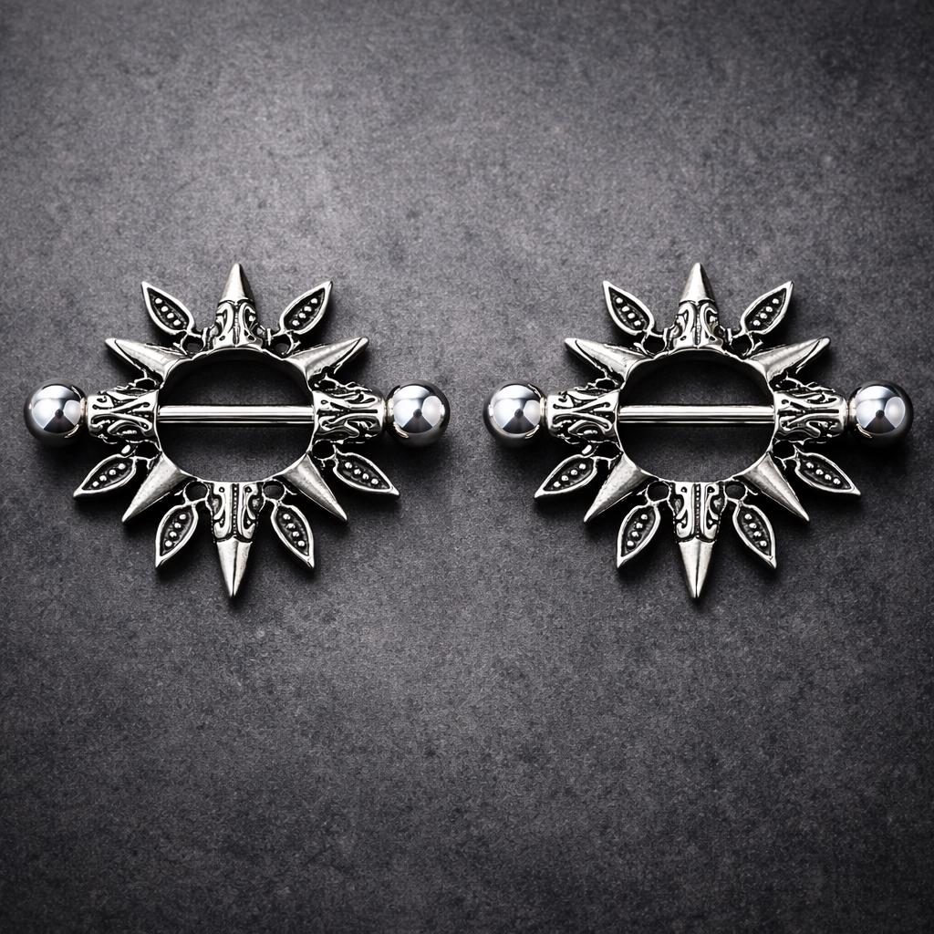 Stainless Steel Tribal Design Sunburst Nipple Shield - Skin Metals