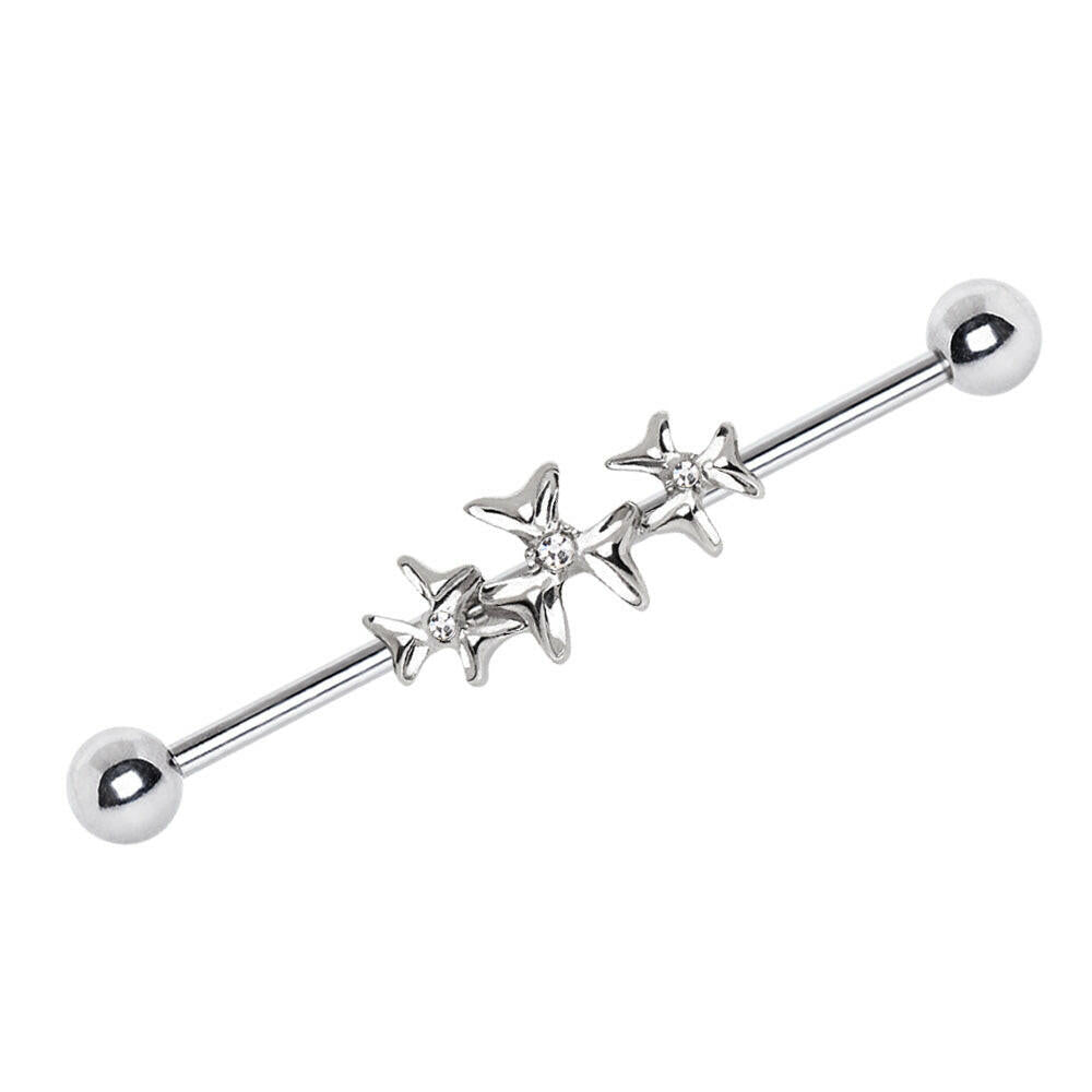 Stainless Steel Triple Jeweled Flower Industrial Barbell