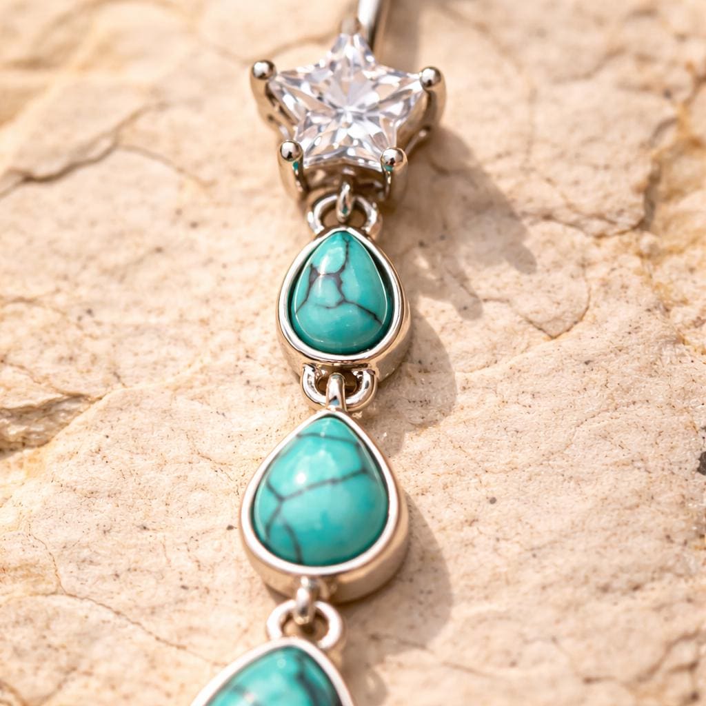 Stainless Steel Triple Teardrop Turquoise Dangle Navel Ring Navel Ring Skin Metals