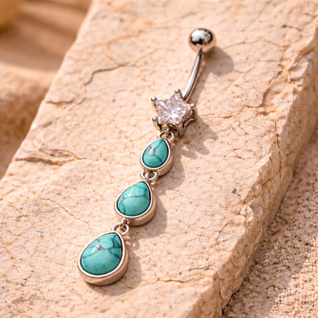 Stainless Steel Triple Teardrop Turquoise Dangle Navel Ring Navel Ring Skin Metals