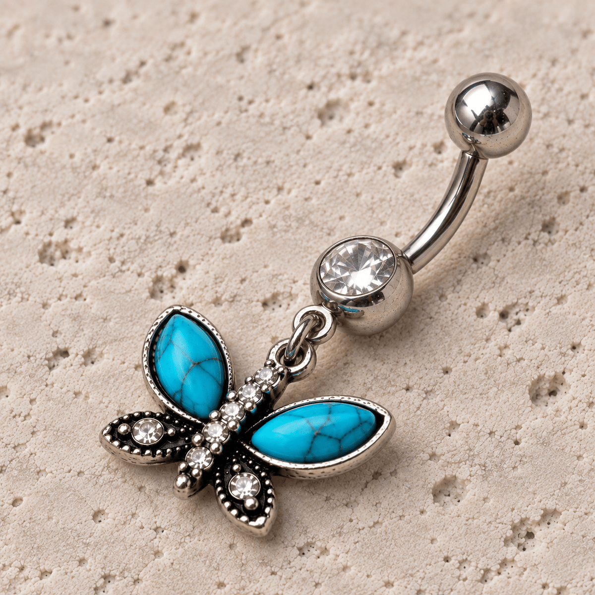 Stainless Steel Turquoise Butterfly Dangle Navel Rings - Skin Metals