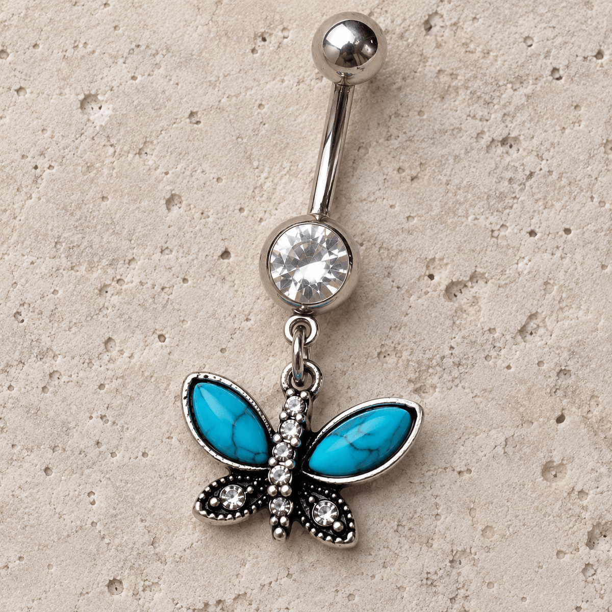 Stainless Steel Turquoise Butterfly Dangle Navel Rings - Skin Metals