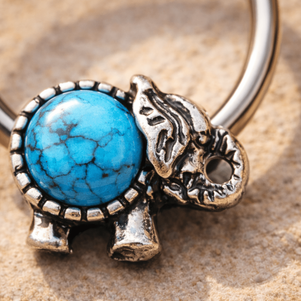 Stainless Steel Turquoise Elephant Snap-in Captive Bead Ring / Septum Ring - Skin Metals