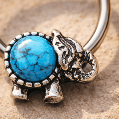 Stainless Steel Turquoise Elephant Snap-in Captive Bead Ring / Septum Ring - Skin Metals
