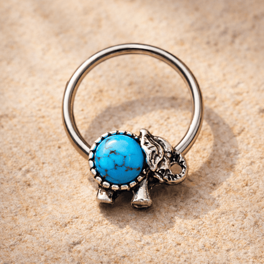 Stainless Steel Turquoise Elephant Snap-in Captive Bead Ring / Septum Ring