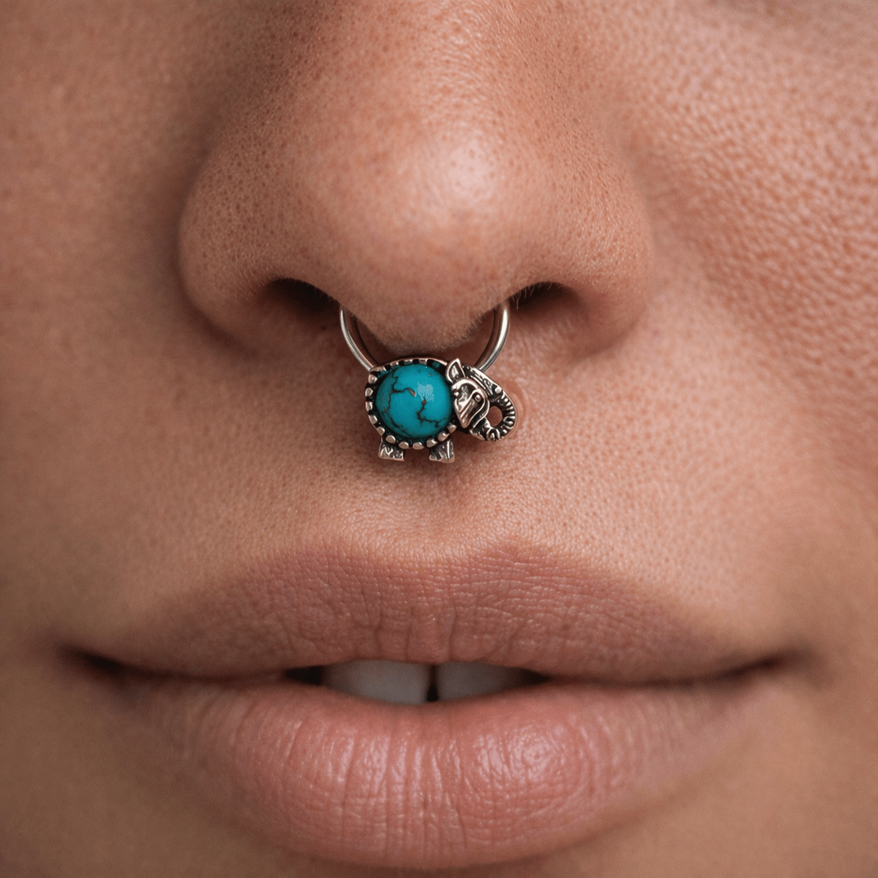 Stainless Steel Turquoise Elephant Snap-in Captive Bead Ring / Septum Ring - Skin Metals
