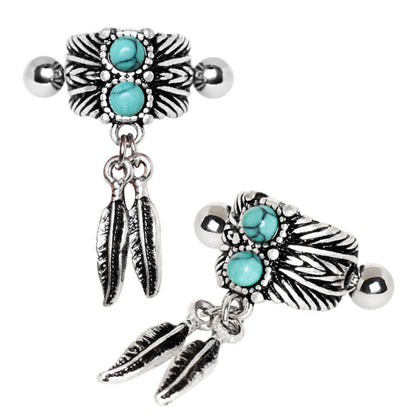 Stainless Steel Turquoise & Feather Cartilage Cuff Earring Cuff Earring Impulse Piercings 16 gaugeLength: 1/2"