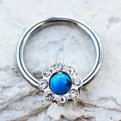 Stainless Steel Turquoise Flower Snap-in Captive Bead Ring Septum Ring Impulse Piercings