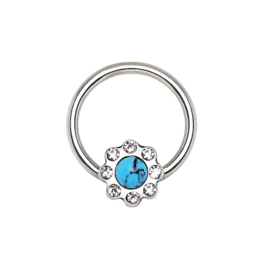 Stainless Steel Turquoise Flower Snap-in Captive Bead Ring Septum Ring Skin Metals