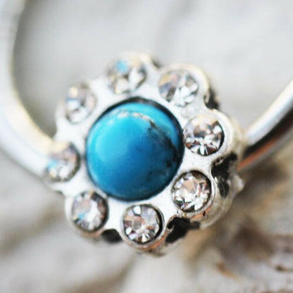 Stainless Steel Turquoise Flower Snap-in Captive Bead Ring Septum Ring Impulse Piercings